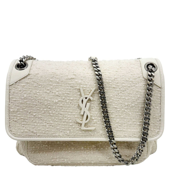YVES SAINT LAURENT Niki Tweed Chain Crossbody Bag White