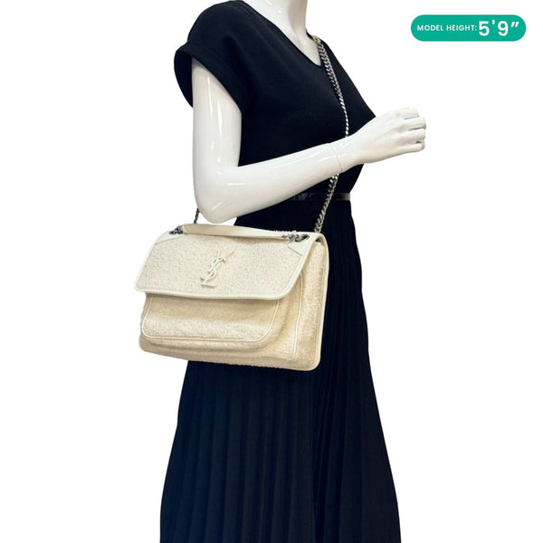 YVES SAINT LAURENT Niki Tweed Chain Crossbody Bag White