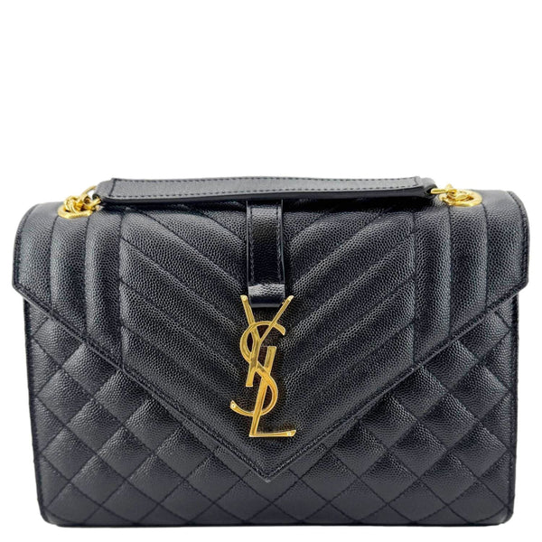 YVES SAINT LAURENT Envelope Flap Quilted Caviar Leather Chain Shoulder Bag Black