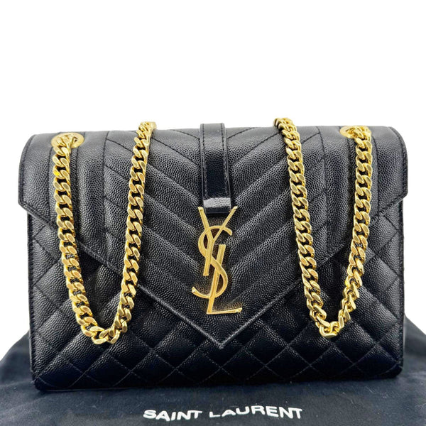 YVES SAINT LAURENT Envelope Flap Quilted Caviar Leather Chain Shoulder Bag Black