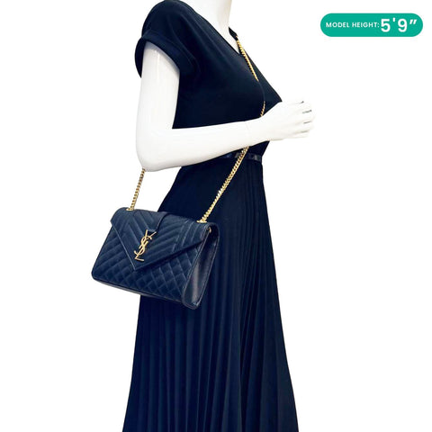 YVES SAINT LAURENT Envelope Flap Quilted Caviar Leather Chain Shoulder Bag Black