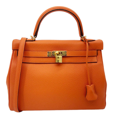 HERMES Kelly 28 Clemence Leather Shoulder Bag Orange
