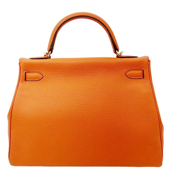 HERMES Kelly 28 Clemence Leather Shoulder Bag Orange