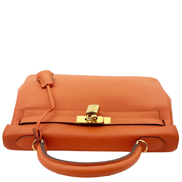 HERMES Kelly 28 Clemence Leather Shoulder Bag Orange