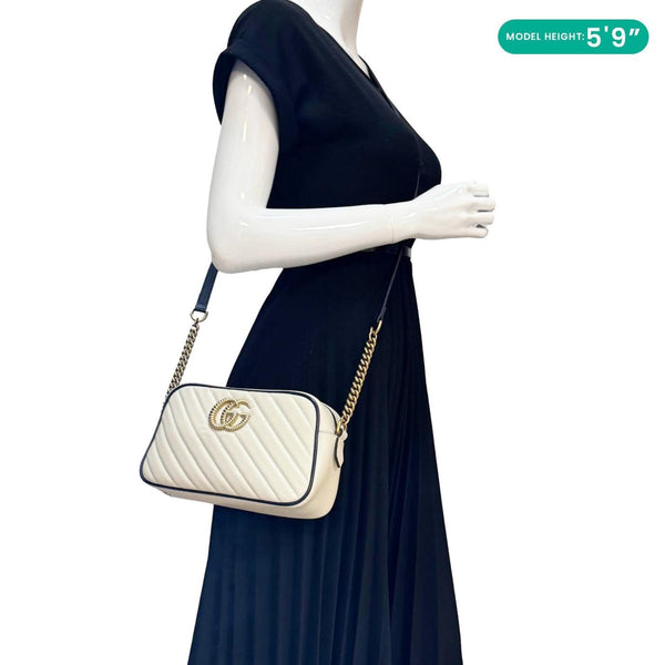 GUCCI GG Marmont Small Diagonal Matelasse Calfskin Leather Camera Bag Off White 447632