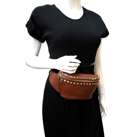 VALENTINO Rockstud Leather Crossbody Belt Bag Bright Cognac
