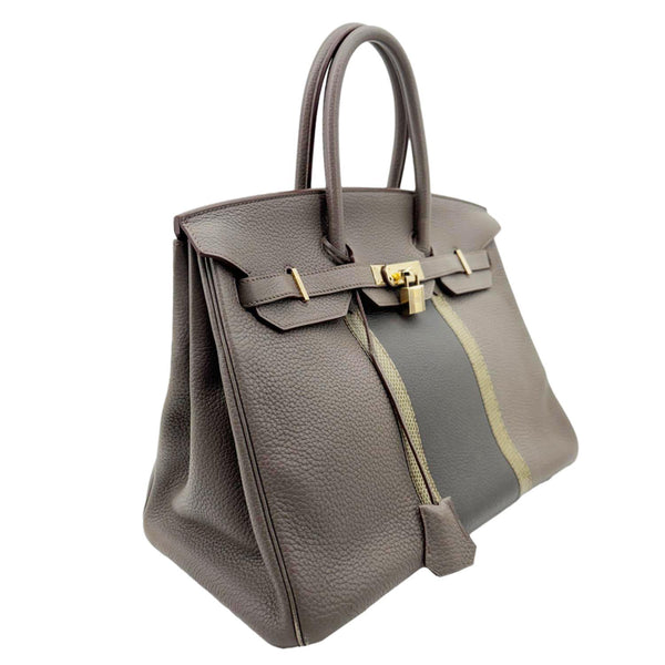 HERMES Birkin 35 Club Lizard Clemence Leather Satchel Bag Gris Fonze