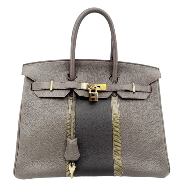 HERMES Birkin 35 Club Lizard Clemence Leather Satchel Bag Gris Fonze