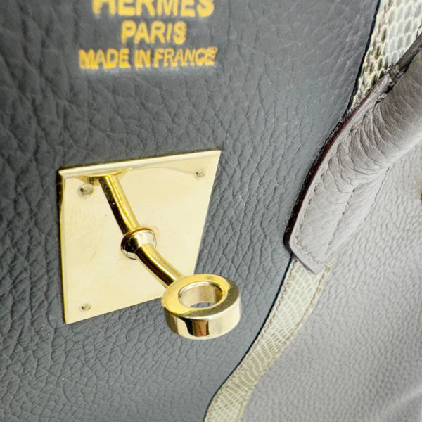 HERMES Birkin 35 Club Lizard Clemence Leather Satchel Bag Gris Fonze