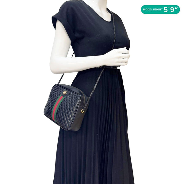 GUCCI Trapuntata Small Web Calfskin Leather Camera Shoulder Bag Black 541051
