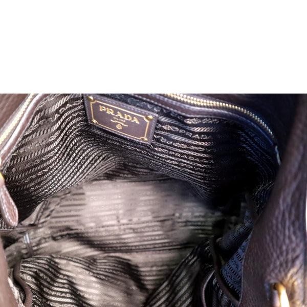 PRADA Vitello Daino Leather Tote Shoulder Bag Dark Brown