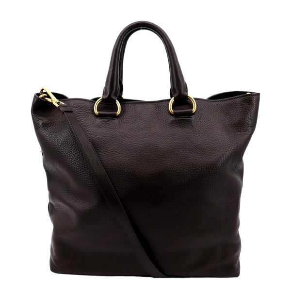 PRADA Vitello Daino Leather Tote Shoulder Bag Dark Brown