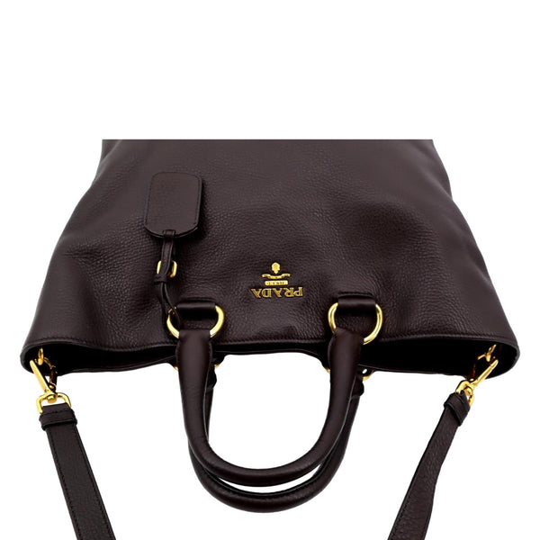 PRADA Vitello Daino Leather Tote Shoulder Bag Dark Brown