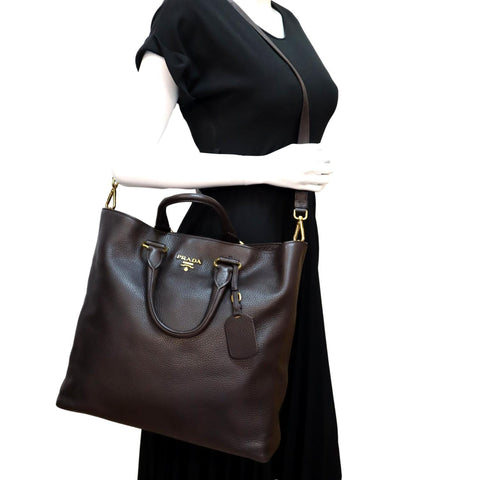 PRADA Vitello Daino Leather Tote Shoulder Bag Dark Brown