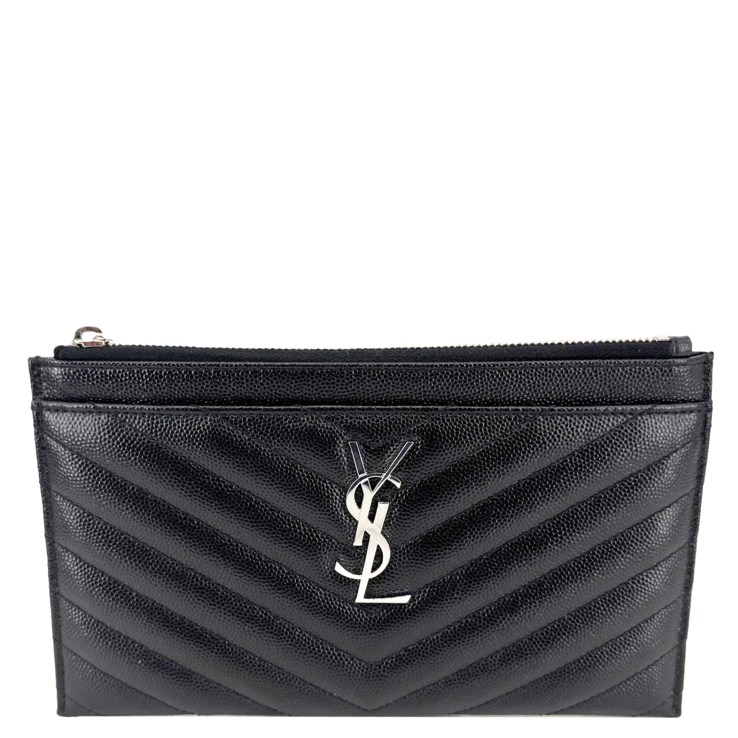 YVES SAINT LAURENT Monogram Bill Grain De Poudre Chevron Leather Zip Pouch Black