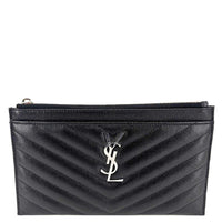 YVES SAINT LAURENT Monogram Bill Grain De Poudre Chevron Leather Zip Pouch Black