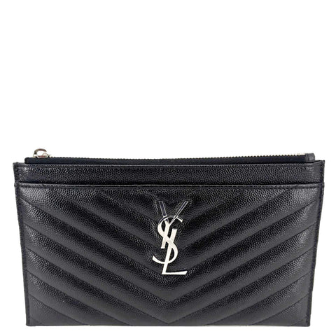 YVES SAINT LAURENT Monogram Bill Grain De Poudre Chevron Leather Zip Pouch Black