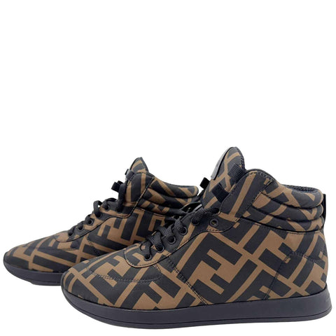 FENDI High Top FF Quilted Zucca Nylon Sneakers Size 38 Brown
