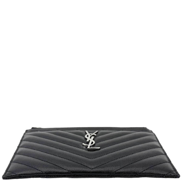 YVES SAINT LAURENT Monogram Bill Grain De Poudre Chevron Leather Zip Pouch Black