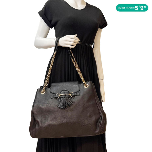 GUCCI Emily Pebbled Leather Chain Shoulder Bag Black 336757