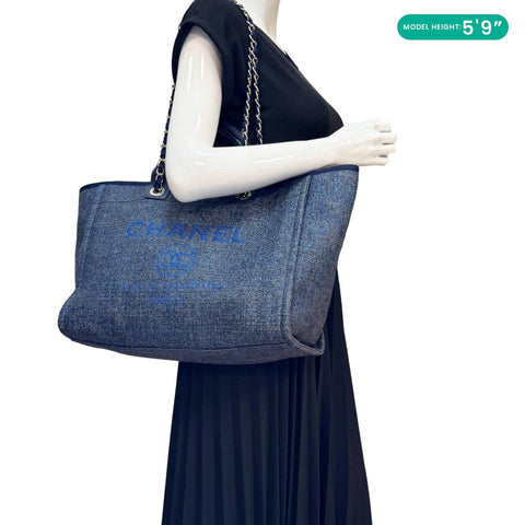 CHANEL Deauville Tweed Shopping Tote Bag Blue