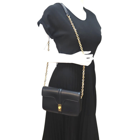 CELINE 16 Satinated Calfskin Leather Crossbody Chain Bag Black