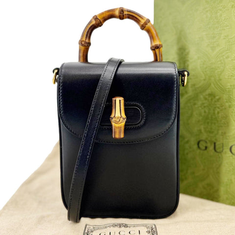 GUCCI Bamboo 3Way Calfskin Leather Shoulder Bag Black 702106