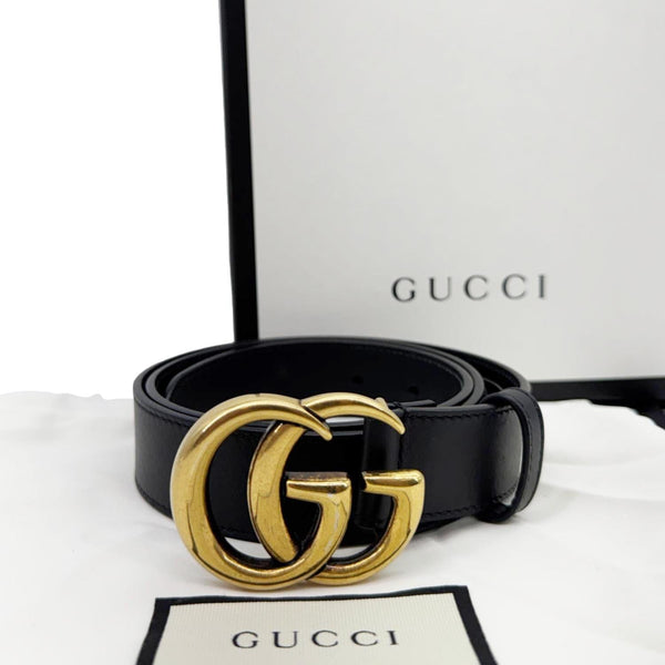 GUCCI Double G buckle Marmont Leather Belt Black 414316 Size 80.32