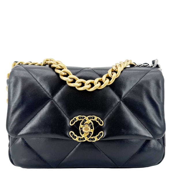 CHANEL 19 Flap Shiny Lambskin Leather Shoulder Bag Black