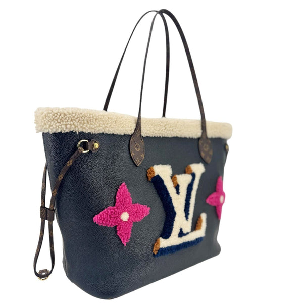 LOUIS VUITTON Neverfull MM Monogram Teddy Shearling Shoulder Bag Black
