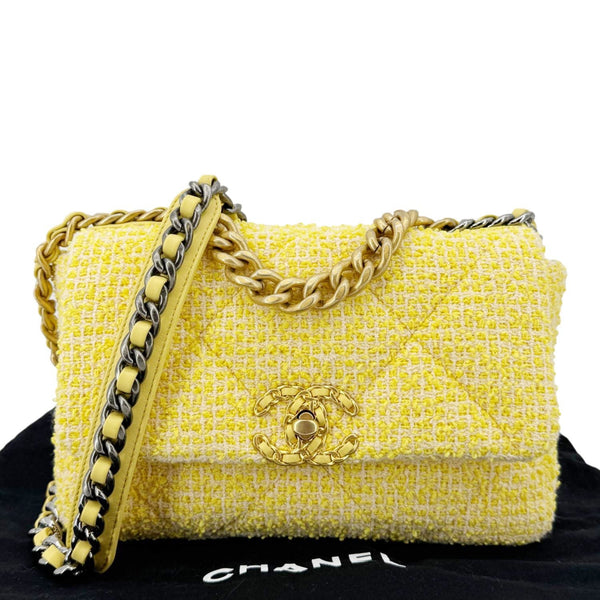 CHANEL 19 Flap Small Quilted Tweed Shoulder Bag Yellow