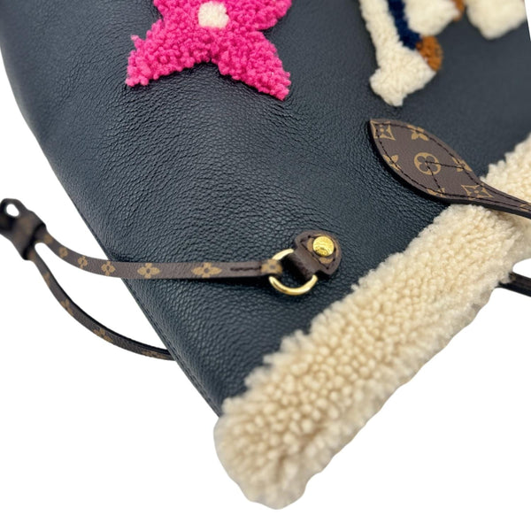 LOUIS VUITTON Neverfull MM Monogram Teddy Shearling Shoulder Bag Black