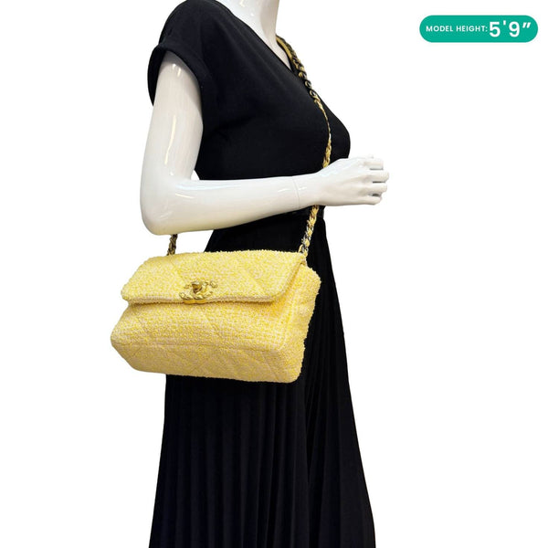 CHANEL 19 Flap Small Quilted Tweed Shoulder Bag Yellow