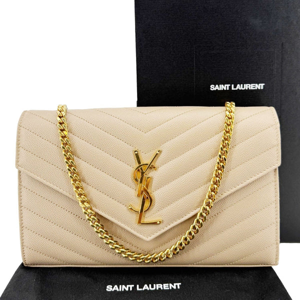 YVES SAINT LAURENT Cassandre Leather Wallet On Chain Crossbody Bag Nude Powder
