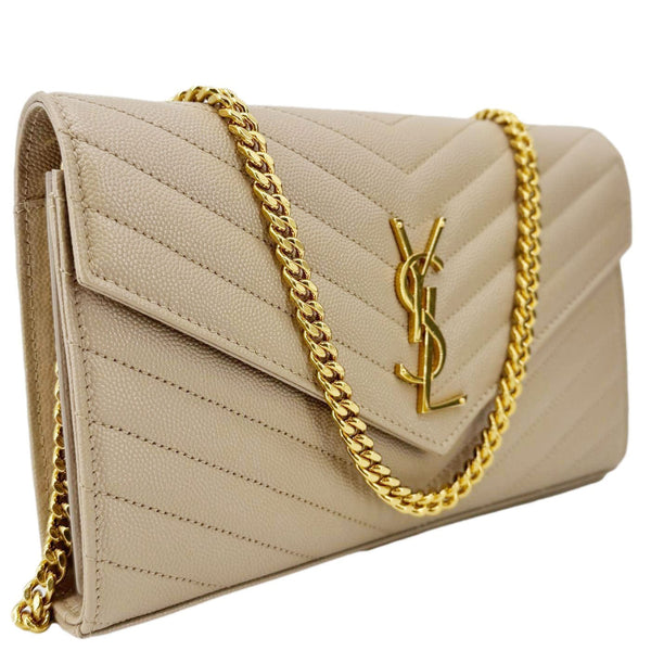 YVES SAINT LAURENT Cassandre Leather Wallet On Chain Crossbody Bag Nude Powder