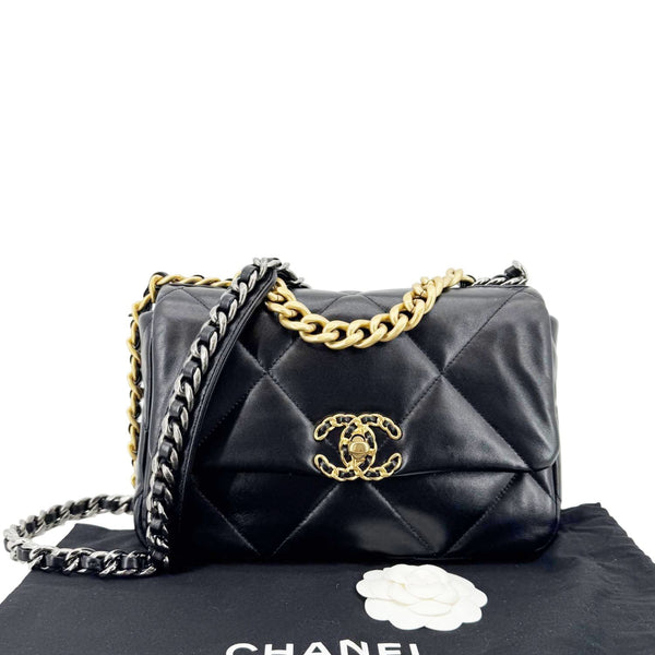 CHANEL 19 Flap Shiny Lambskin Leather Shoulder Bag Black