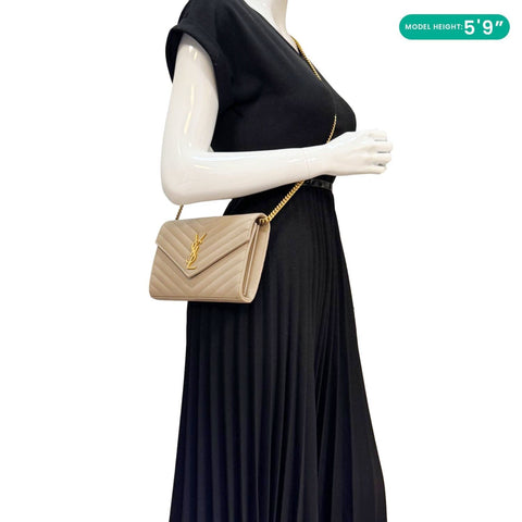 YVES SAINT LAURENT Cassandre Leather Wallet On Chain Crossbody Bag Nude Powder