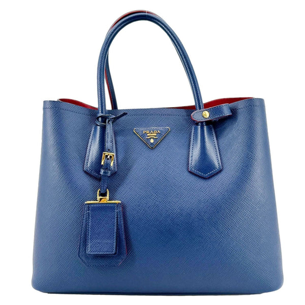 PRADA Double Handle Medium Saffiano Leather Shoulder Bag Navy Blue