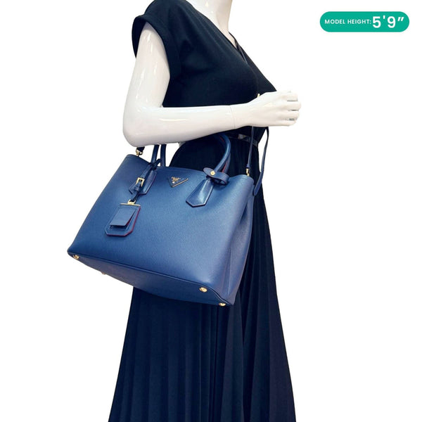 PRADA Double Handle Medium Saffiano Leather Shoulder Bag Navy Blue