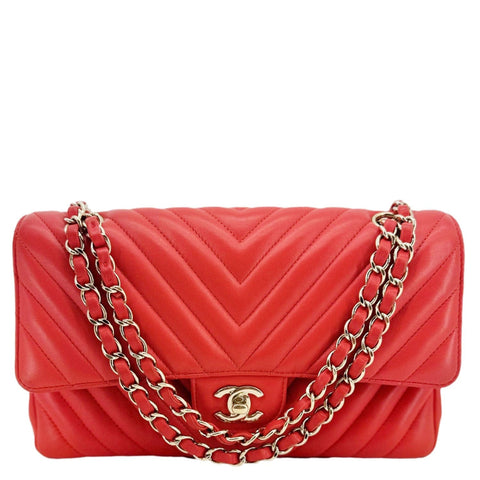 CHANEL Classic Double Flap Medium Chevron Leather Shoulder Bag Orange