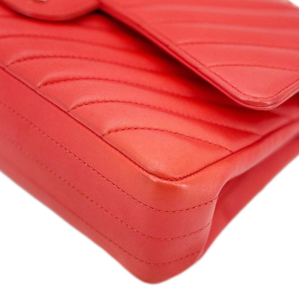 CHANEL Classic Double Flap Medium Chevron Leather Shoulder Bag Orange