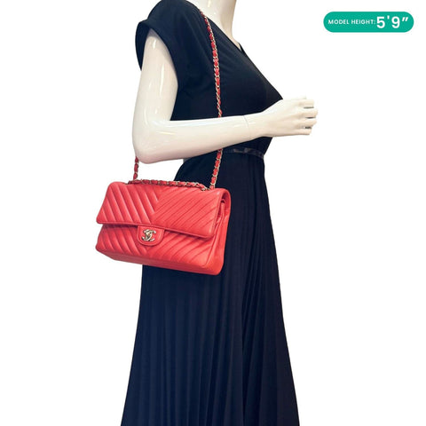 CHANEL Classic Double Flap Medium Chevron Leather Shoulder Bag Orange