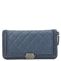 CHANEL Boy Quilted Calfskin Leather Zip Around Wallet Blue