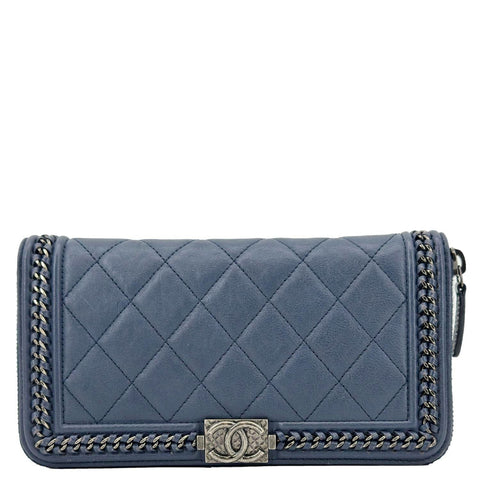 CHANEL Boy Quilted Calfskin Leather Zip Around Wallet Blue