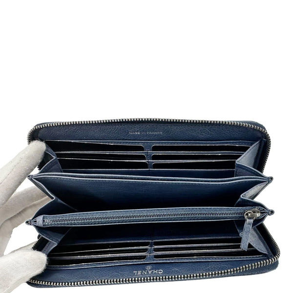 CHANEL Boy Quilted Calfskin Leather Zip Around Wallet Blue