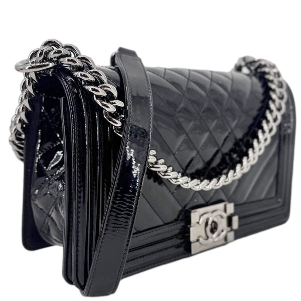 CHANEL Boy Flap Medium Chevron Patent Leather Crossbody Bag Black