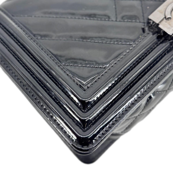 CHANEL Boy Flap Medium Chevron Patent Leather Crossbody Bag Black