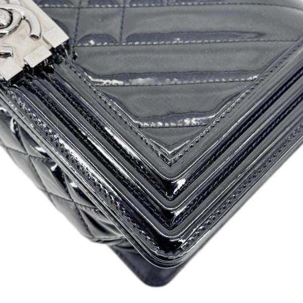 CHANEL Boy Flap Medium Chevron Patent Leather Crossbody Bag Black