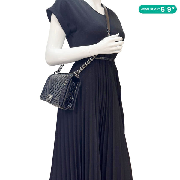 CHANEL Boy Flap Medium Chevron Patent Leather Crossbody Bag Black