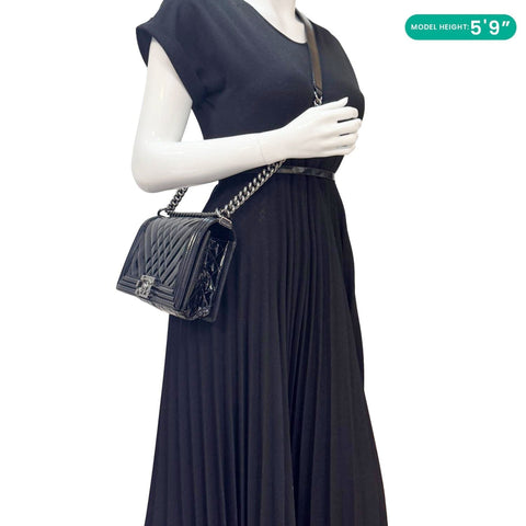 CHANEL Boy Flap Medium Chevron Patent Leather Crossbody Bag Black